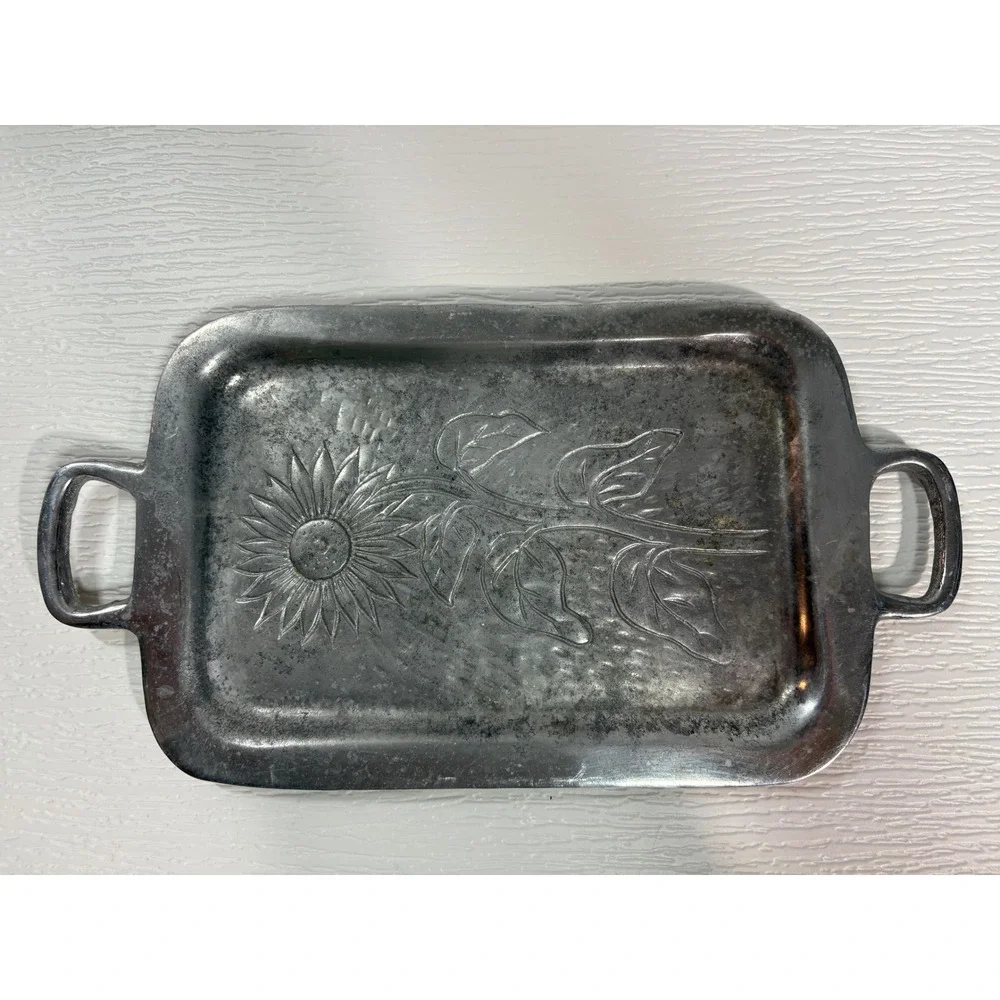 Vintage Hammered Aluminum Sunflower Serving Tray Platter with Handles S0069